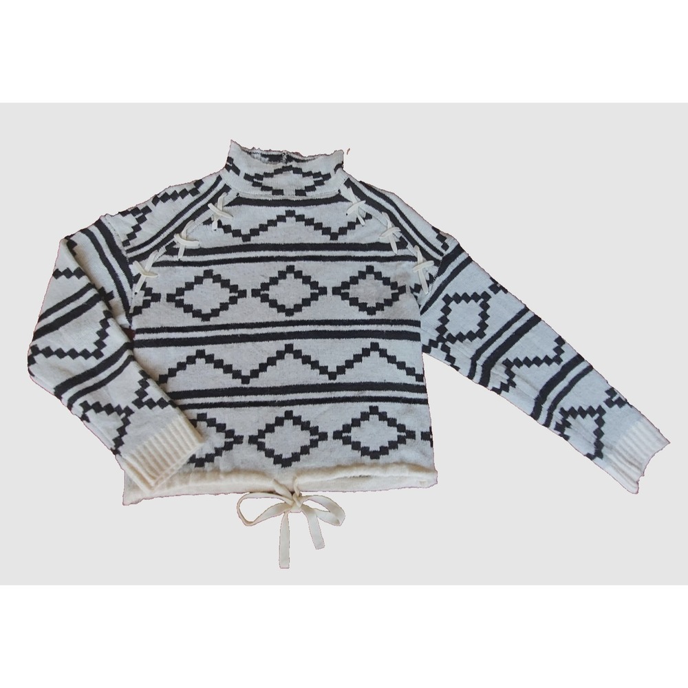 Madeline & Monroe Womens Aztec Tribal Knit Sweater Sm Mock Neck Tie Hem Boho Y2K